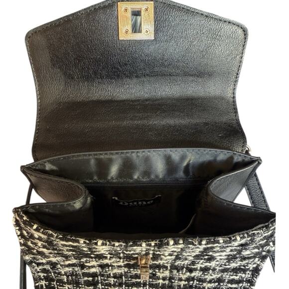 Dune London Purse Top Handle Crossbody Black White Tweed Plaid Gold Bag Charm - Picture 10 of 16